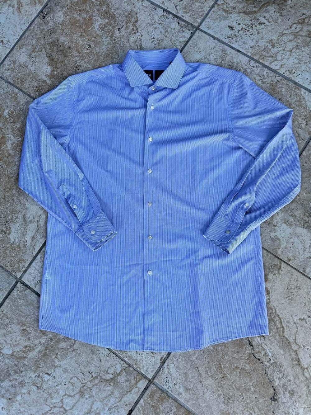 BOSS Hugo Boss Performance Fit Blue Striped Dress Shirt Size 17 32/33 XL